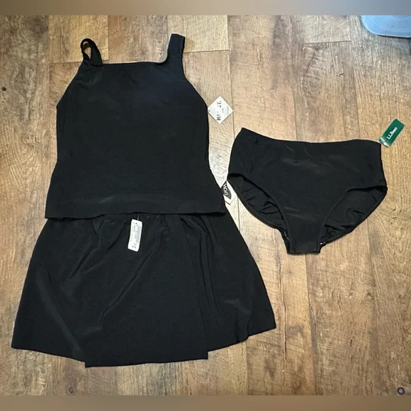 LL BEAN Tankini Skort Set 3pc Size 16 Black Ribbed UPF 50+ Lycra Sunblocking - Picture 1 of 10